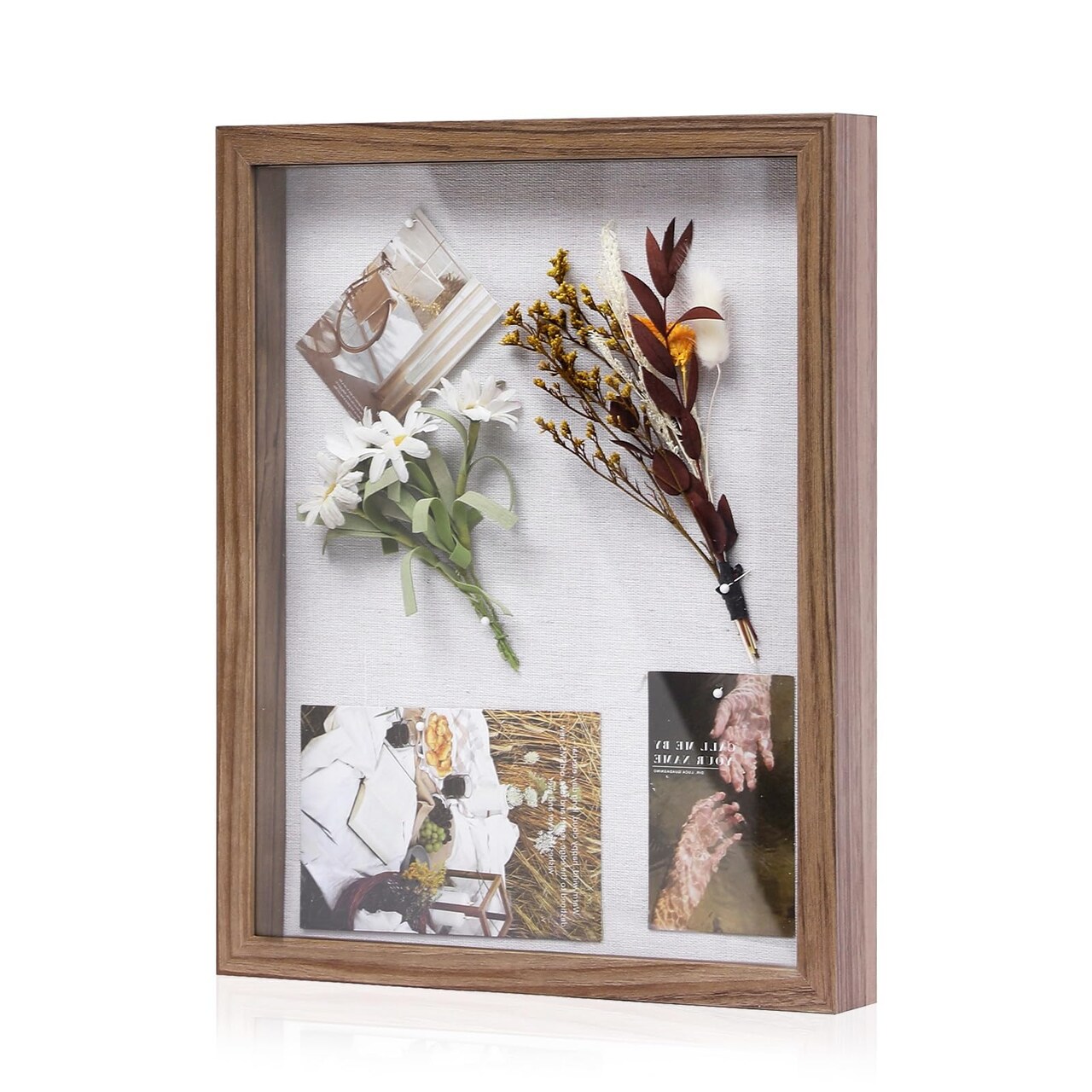 11x14 Shadow Box Picture Frame with Linen Board - Deep Wood & Glass Display Rustic Case Ready to Hang Memorabilia, Pins, Awards, Medals, Wedding, Tickets, and Photos, Brown